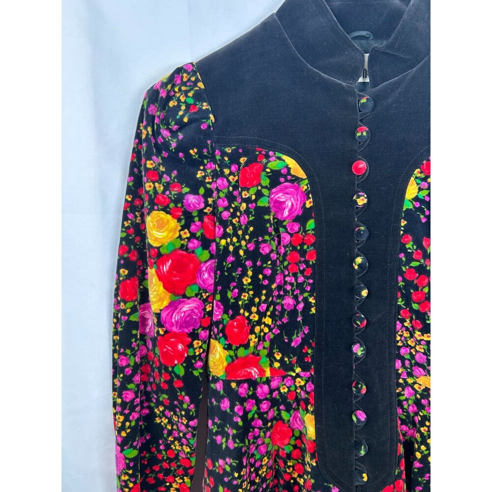 Vintage 70s Orphee Paris Floral Velvet Mini Dress XS Black French Mod Psych - Picture 4 of 16